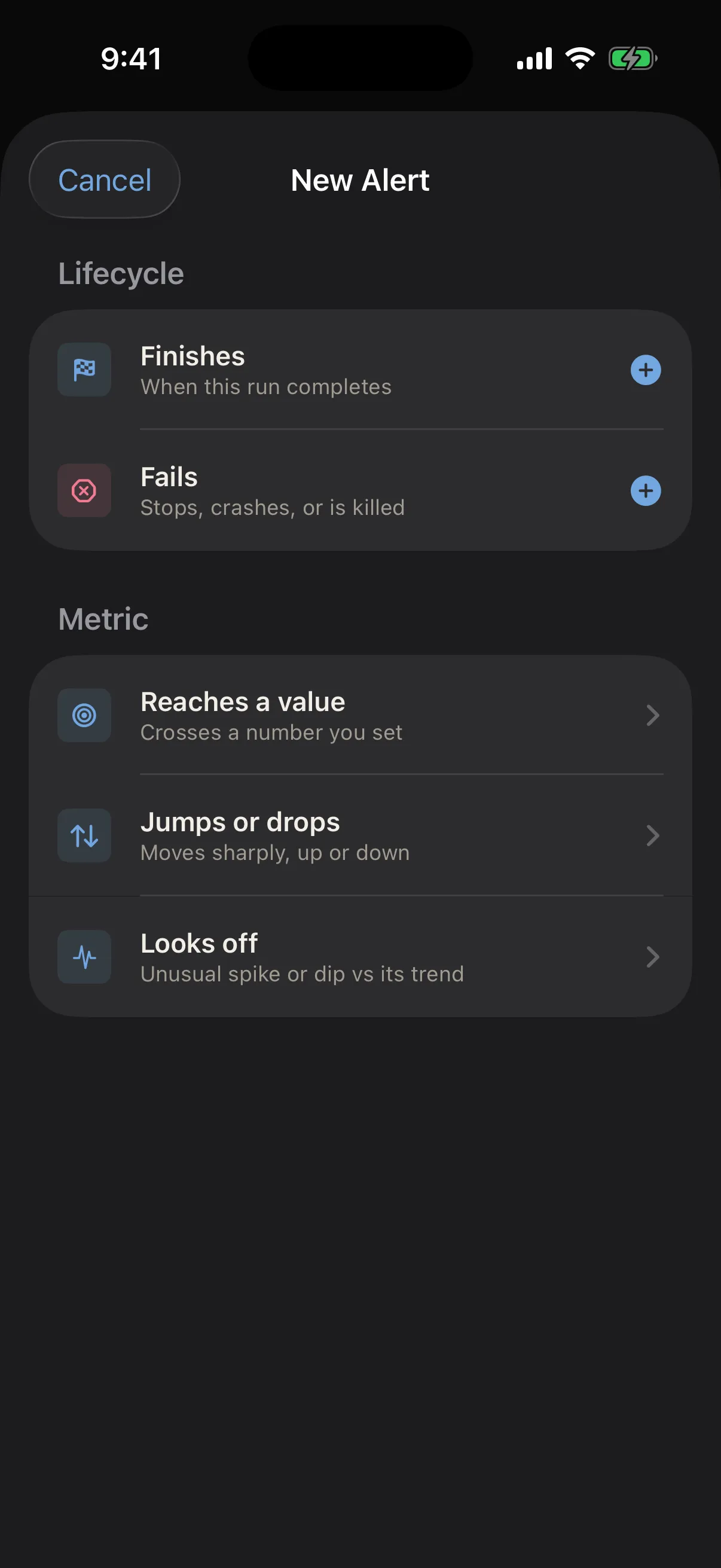 Creating an alert in Trackshund on iPhone for a run that finishes, fails, crosses a value, or looks off