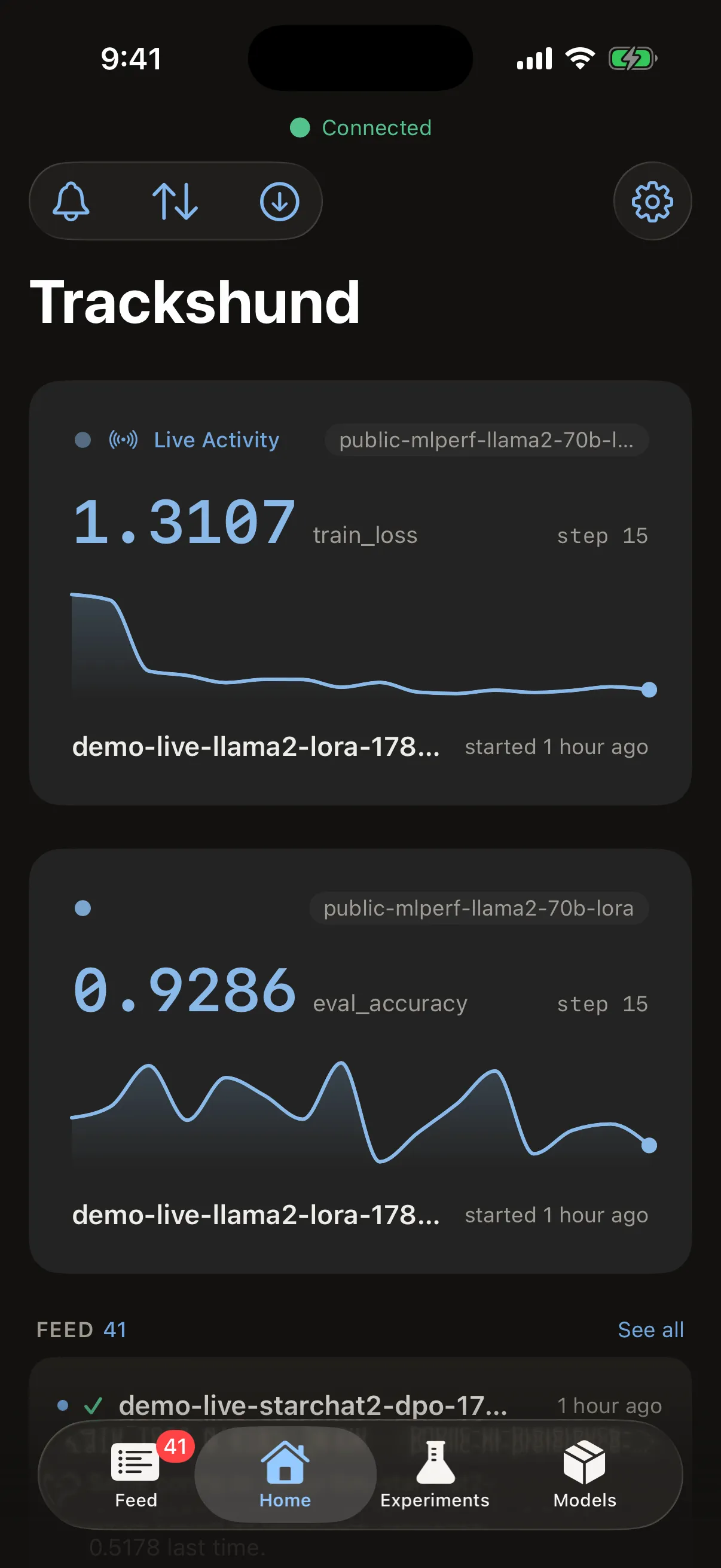 Trackshund on iPhone showing a live training run with a falling loss curve and its current step